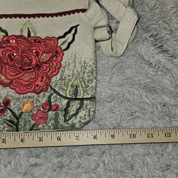 Embroidered Pink Rose Linen Crossbody Bag Purse Sequin Floral Metallic New - Picture 10 of 10